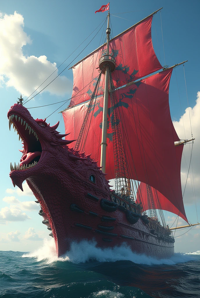A big ship made out of red dragon scales with a logo on its sails with dragon head at its figurehead