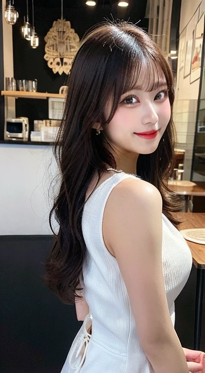 Tabletop, Highest quality, figure, Very detailed, In detail, High resolution, 8k wallpaper, Perfect dynamic composition, Beautiful attention to detail, Summer Dresses,Medium Hair, Big Breasts, Natural color lip, Random sexy poses,smile,Aoyama Cafe、20-year-old girl.masterpiece，Long Black Hair，coffee，Back view，I want to see it from behind