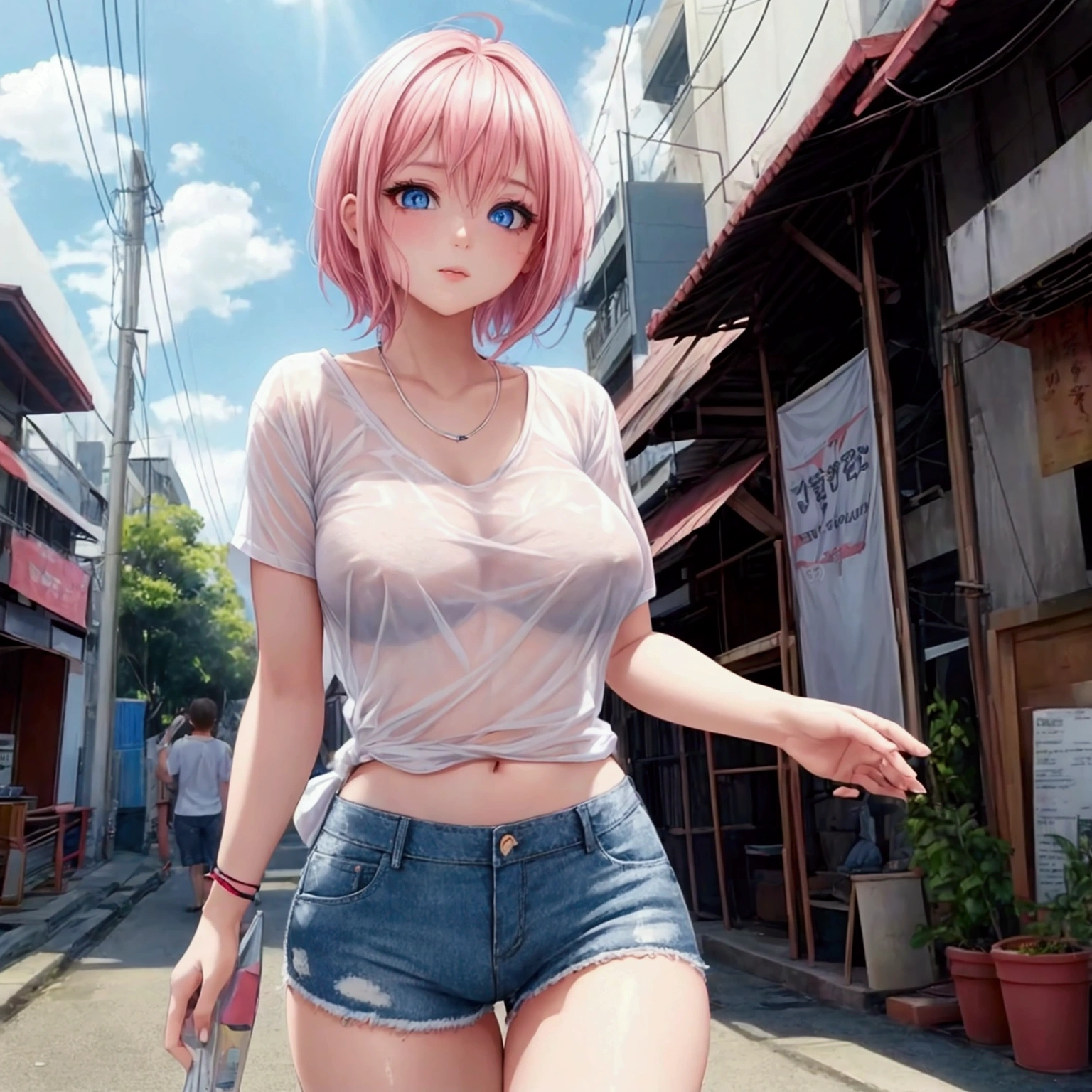 1girl, short pink hair, blue eyes, wearing plain white shirt see thru shirt, no bras , denim shorts, bangkok city, absurdres, high res, ultrasharp, 8K, masterpiece, looking at viewer