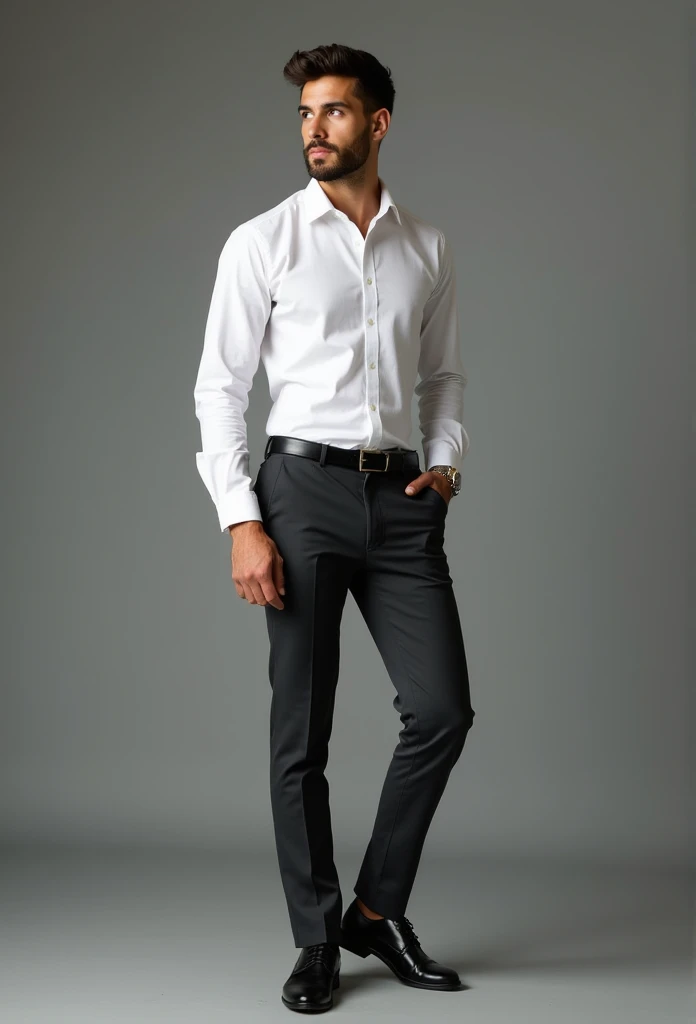 arafed man in a white shirt and black pants standing in a room, tailored clothes, grey pants and black dress shoes, high fashion masculine appeal, Formal dress, Slim man with white skin, dark hair, handsome male, male proportions, beautiful and elegant, black suit pants, male model, model posing, with a business suit on, beautiful and attractive