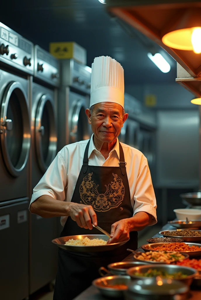 Photo, Indonesian old man, chef hat, apron, kitchen, restaurant, chinese food, dryer, realistic, uhd