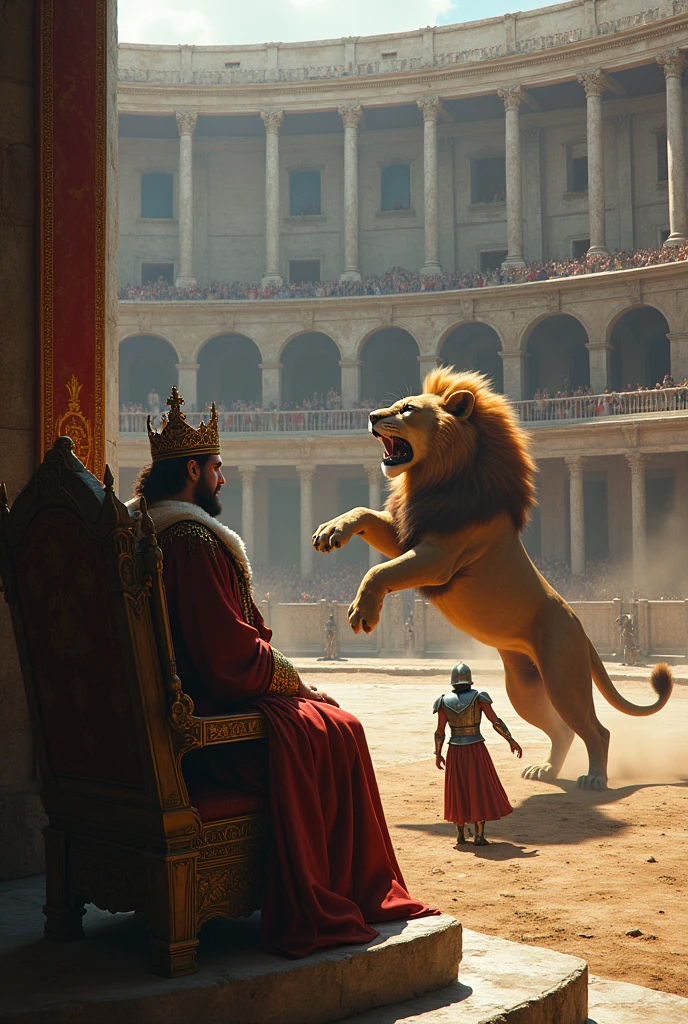 king at a throne at high bleacher looking at the lion bite an armored gladiator in a colleseum 