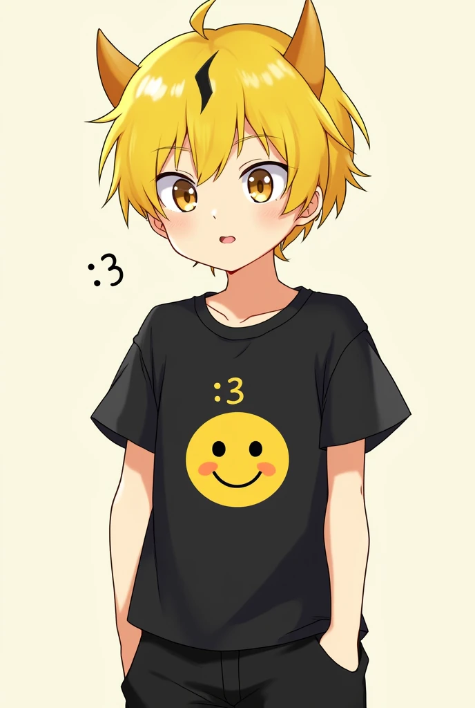 Genre:male'yellow hair,with a yellow paper with a face of :3,with horns and a black line in the hair,black short sleeve shirt with an emoji :3,Black pants