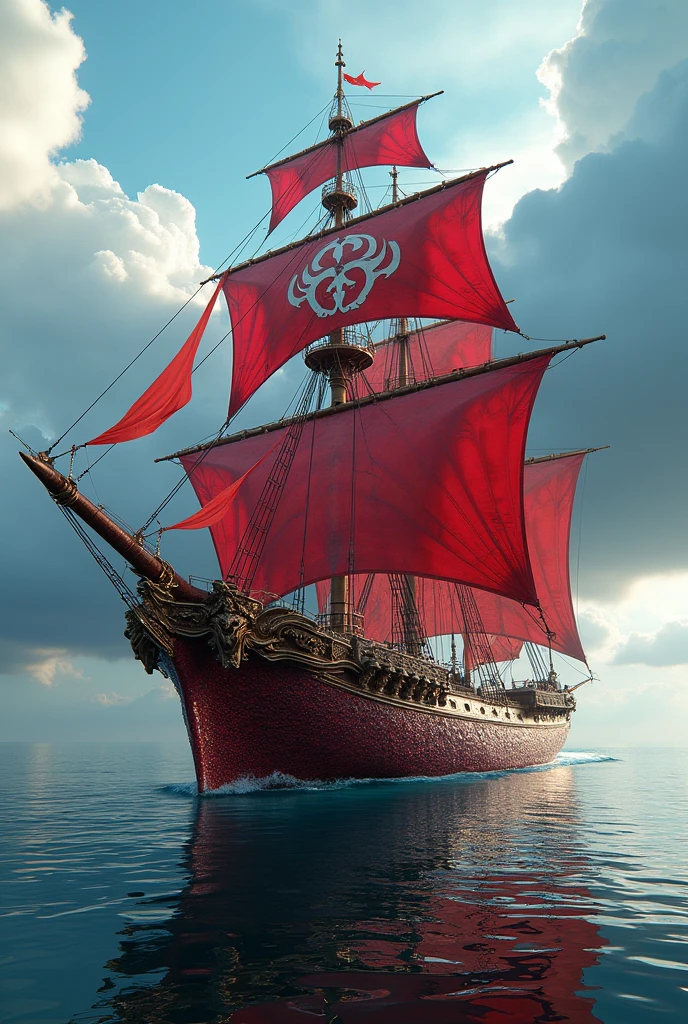 A big ship made out of red dragon scales with a logo on its sails