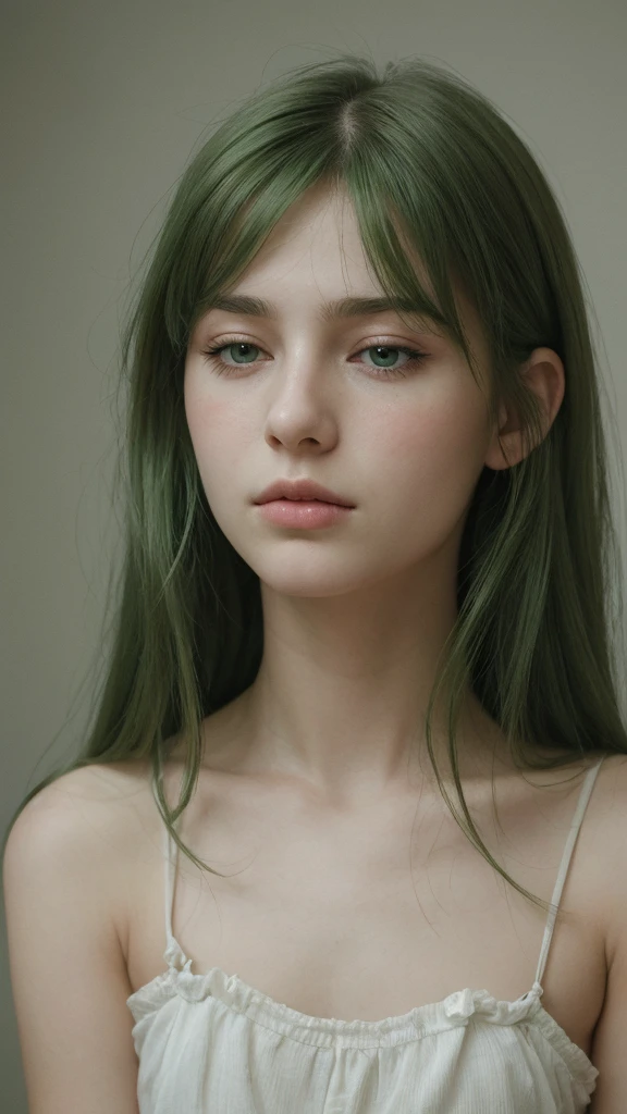 facial portrait. a girl. Europe. half-closed eyes. green eyes. oval face. delicate facial features. long face. long straight hairstyle. messy hair. green hair. sad expression. looking directly