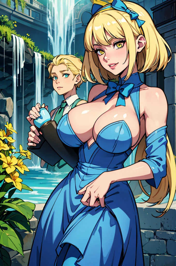 ultra HD, Eleven now , with gigantic : 1.4 and blond hair , long ear, light blue and deep yellow eyes, Full lips, attractive, souriant, with a bow in their hands in their left hands, in general plant in a cascade