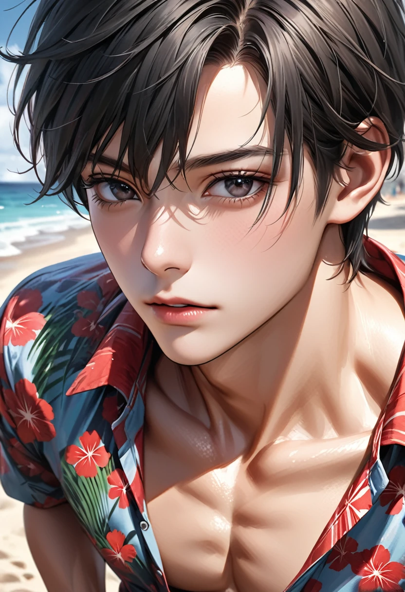 high quality, detailed, Realistic, ( tanned japanese idol boys), (detailed black eyes), (black short hair), (abs), hawaiian shirt, quiet private beach, best quality,4k,8k,highres,masterpiece:1.2),ultra-detailed,(realistic,photorealistic,photo-realistic:1.37), looking at viewer, face close up, --no watch,