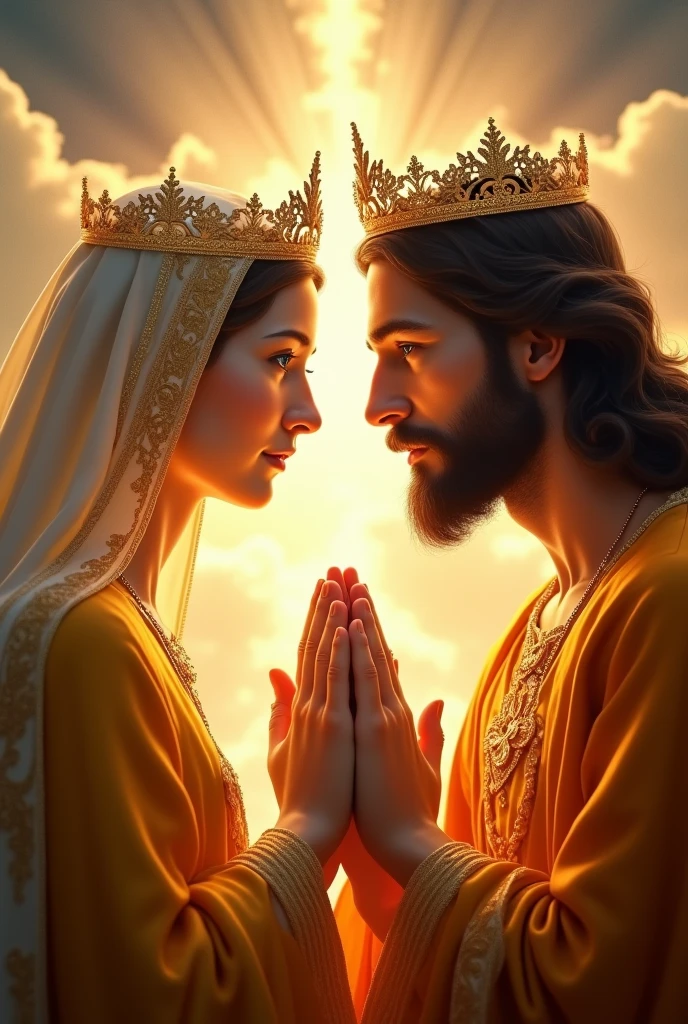 Perfect hand 5 finger, Portrait of a beautiful virgin mary and handsome Jesus Christ. wearing orange clothes of king and queen with the king and queen crown shining the light from the head and heart all over in the clouds, virgin mary and Jesus Christ, real blue eyes, sunny day, intricate details.real virgin mary and Jesus Christ, straight head face, Straight body.Prayer virgin mary and Jesus Christ, perfect full body,  perfect hands finger,Prayer virgin mary and Jesus Christ, praying virgin mary and Jesus Christ backgrounds natural photographic
