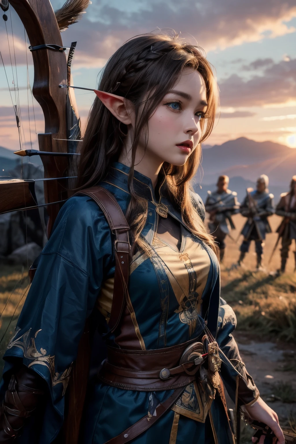 masterpiece, highest quality, elf archery squad on the line, very beautiful extremely detailed face and blue eyes, detailed full body, detailed hair, detailed legendary (archer outfit), (low angle view), sunset evening colorful, cinematic lighting, photorealistic, 8k, hyper detailed, intricate details, (best quality), High contrast(realistic), (masterpiece)