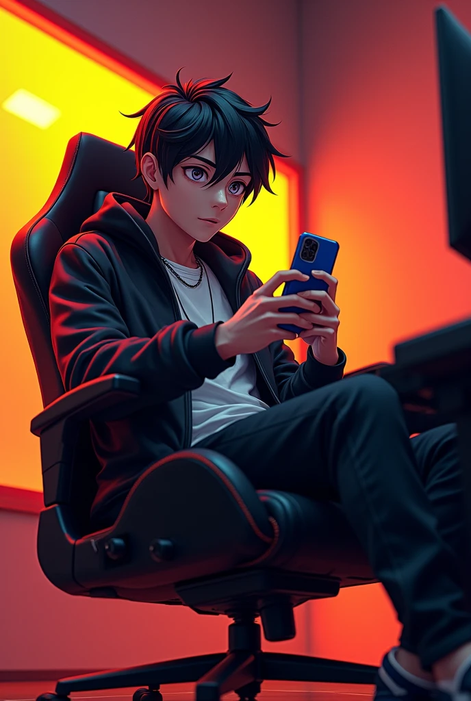 Create a male character while playing gaming  in phone landscape, sit on gaming chair ,with colour black, orange, red, and yellow , anime faced  , 