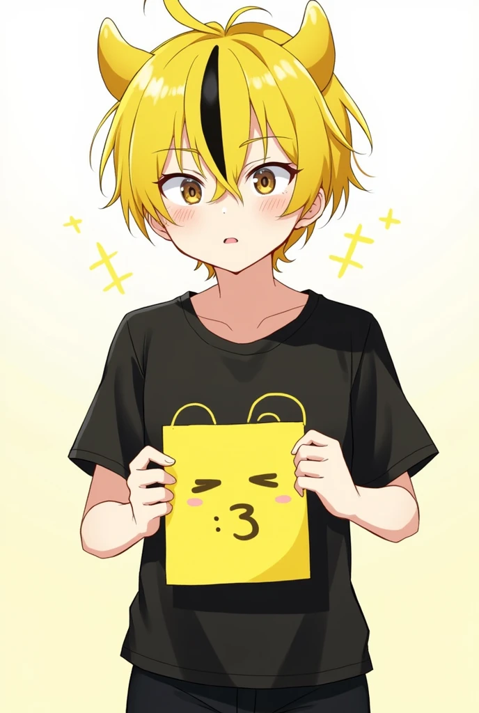 Genre:male'yellow hair,with a yellow paper with a face of :3,with horns and a black line in the hair,Black short sleeve shirt with an emoji :3,Black pants