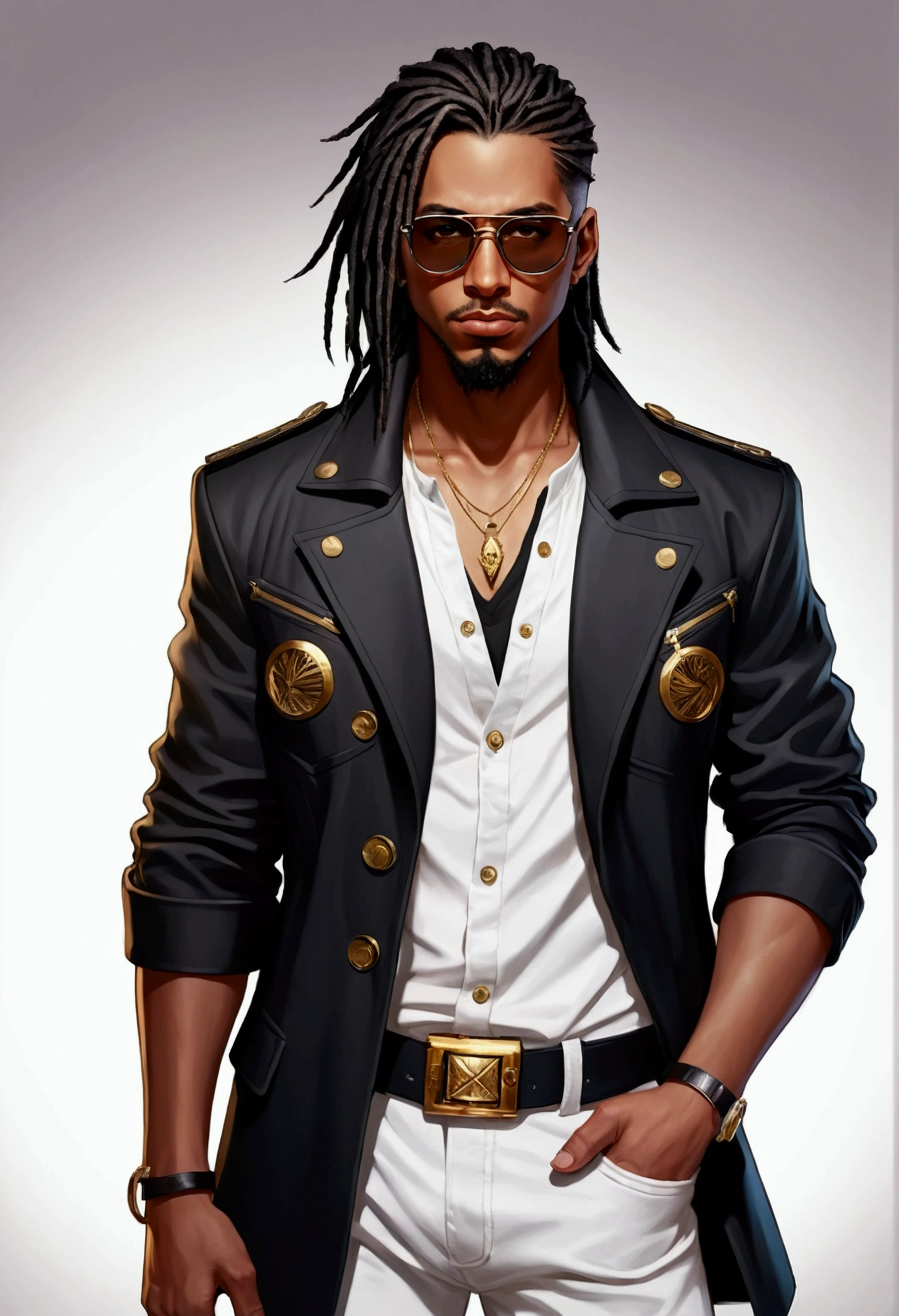 Dark-skinned young man with brown eyes and a black jacket., Black dreadlocks, Black glasses and stubble beard, Hairstyle with dreadlocks, in human style, colorful sketch, unrealistic character concept, Conceptual portrait of my character, подробный character portrait, anime style character, anime style portrait, character portrait, cel - shaded art style, Her outfit consists of black, unbuttoned jacket with gold buttons on the front and bottom of the sleeves, he wears a white V-neck shirt., White pants, large black belt with gold buckle, smaller black belt, hanging from the side of her hip, and he&#39;s wearing beige shoes with black buckles, вдохновение King of Fighters