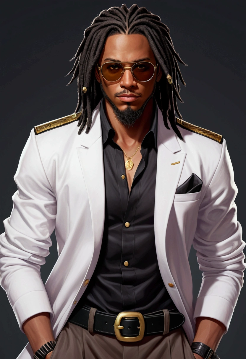 Dark-skinned young man with brown eyes and a black jacket., Black dreadlocks, Black glasses and stubble beard, Hairstyle with dreadlocks, in human style, colorful sketch, unrealistic character concept, Conceptual portrait of my character, подробный character portrait, anime style character, anime style portrait, character portrait, cel - shaded art style, Her outfit consists of black, unbuttoned jacket with gold buttons on the front and bottom of the sleeves, he wears a white V-neck shirt., White pants, large black belt with gold buckle, smaller black belt, hanging from the side of her hip, and he's wearing beige shoes with black buckles, вдохновение King of Fighters
