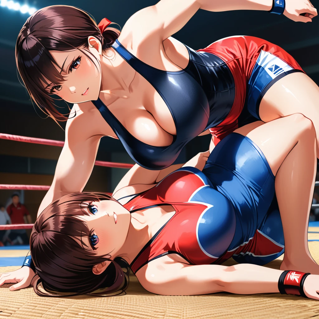 high quality,HD,16k,sharp lines,2 girl,Female oil freestyle wrestling athlete ,cute face, large breasts, nice legs,on a mat At the home ,focus girl,detailed beautiful face,detailed clothes,beautiful eyes,cool,dynamic angle,in a close and intense fight on a mat, showing their submission hold techniques with a lot of sweat on their body