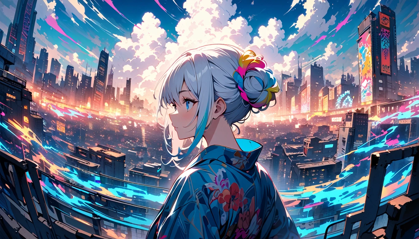 HD 8K Handsome sexy, Solitary, 1 female, Medium Length Hair, white hair, Rainbow hair, hair bun, blue Eyes panoramic, looking away, outdoor, yukata, White clouds, graffiti spray art wall panoramic, vibrant, cityscape, Neon Tokyo,