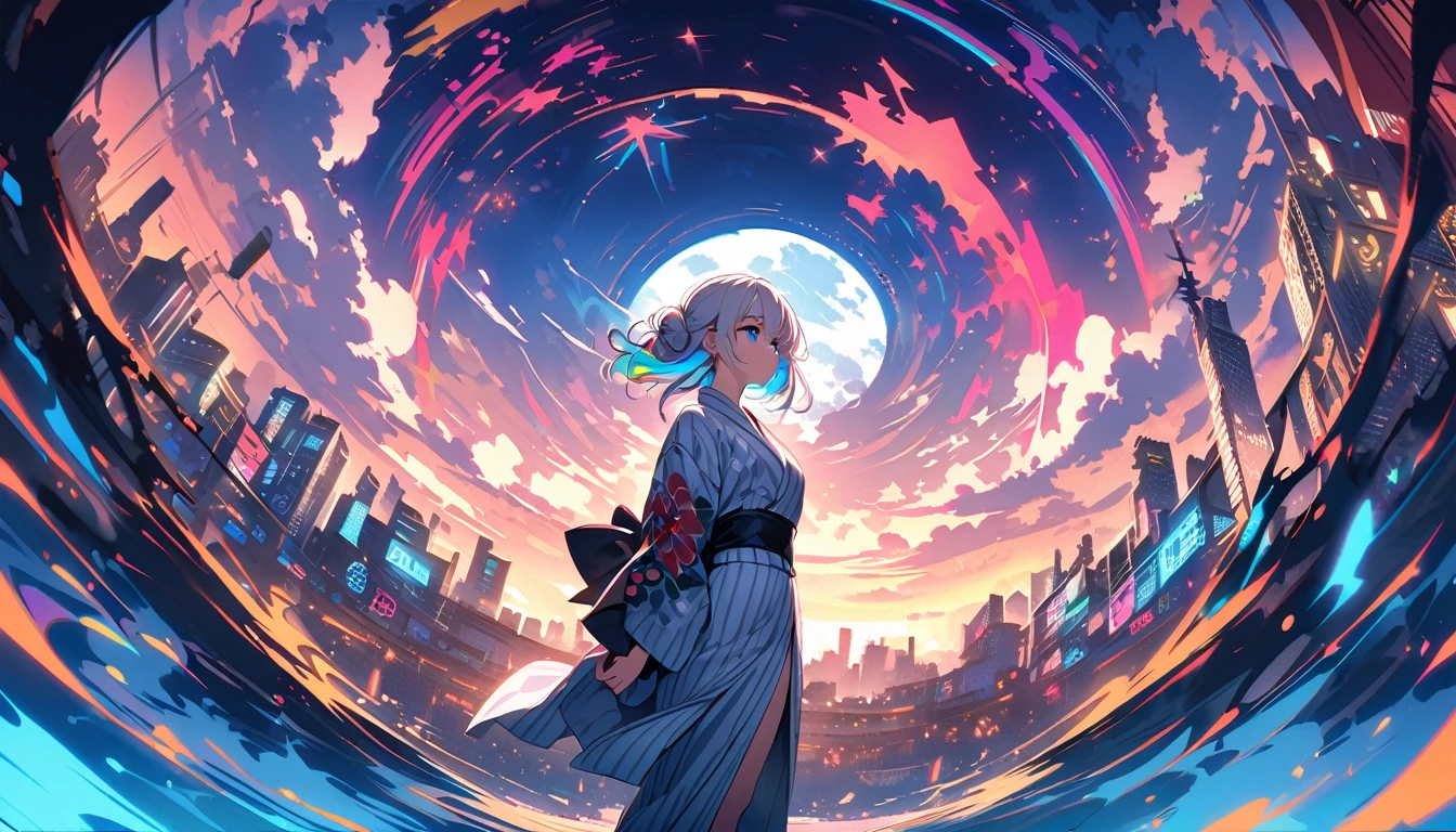 HD 8K Handsome sexy, Solitary, 1 female, Medium Length Hair, white hair, Rainbow hair, hair bun, blue Eyes panoramic, looking away, outdoor, yukata, White clouds, graffiti spray art wall panoramic, vibrant, cityscape, Neon Tokyo,