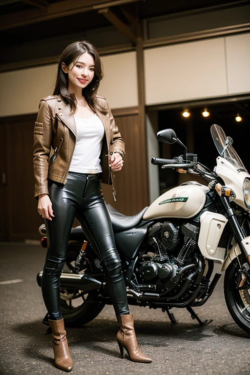 ((best quality)), ((masterpiece)), ((perfect face))、(Detailed Motorcycle)、Detailed and clear photos、((Motorcycle Women))、slender body、((Khaki riding jacket and leather pants))、smile、((posing next to a motorcycle))