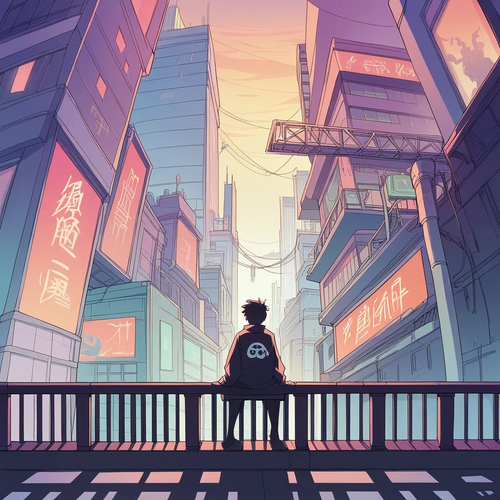 An artistic anime illustration of a silhouette of an Asian girl sitting on the railing of a particularly tall tower overlooking the city, looking straight at the camera in a complex, multi-layered urban environment at night, with Chinese signboards and displays displaying various advertisements. A vast composition looking down from above like an aerial photograph. A bluish image. The cityscape is highlighted with vivid, neon rainbow outlines, giving the scene a surreal and cyberpunk aesthetic, sharp focus, highly detailed illustration, masterpiece, high definition.