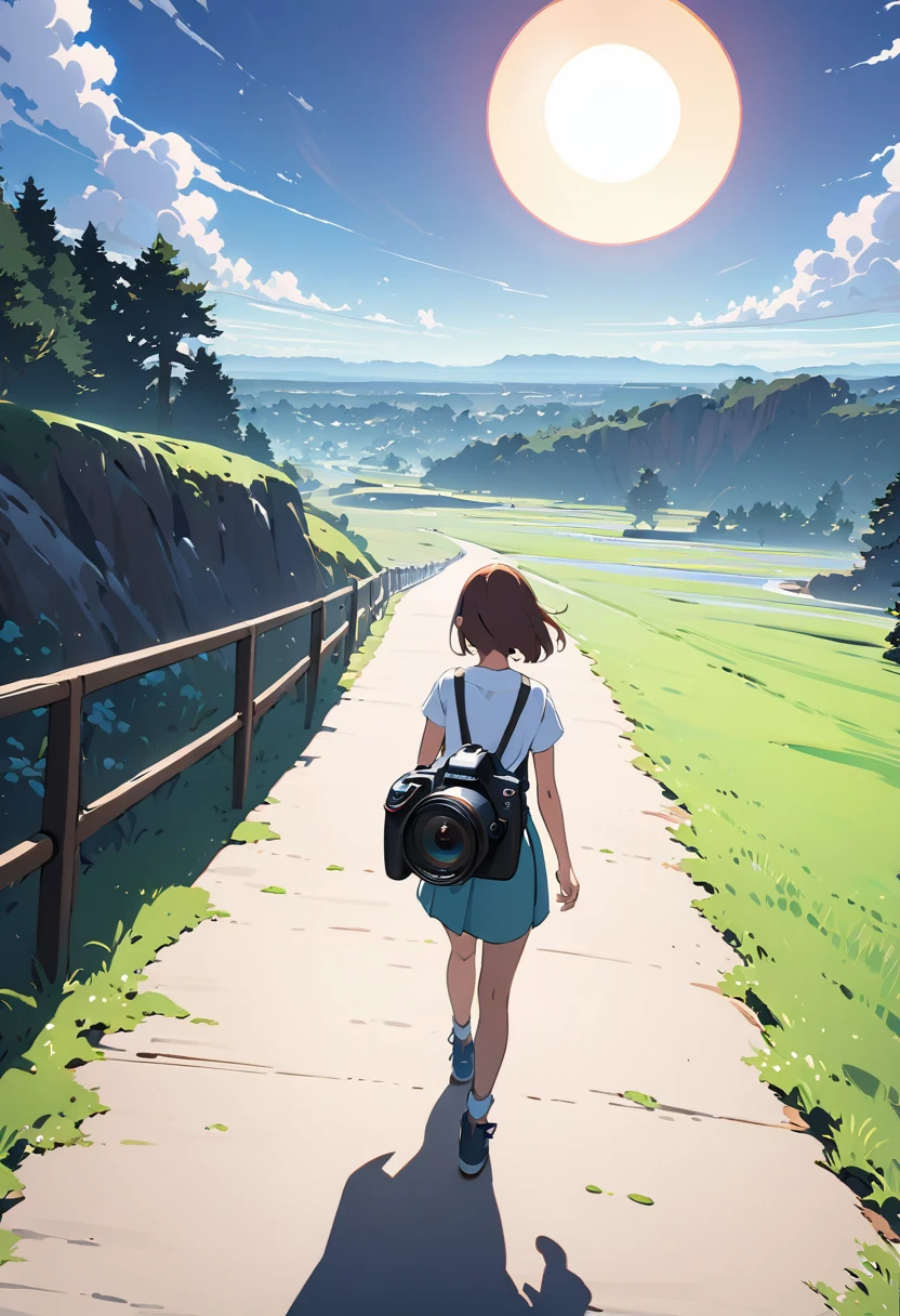 a women,side view, wide angle camera,((cel-shaded)), anime style shadow, running on beautiful (((cel shaded)), anime style landscape, beautiful sky, artistic sun light, ((masterpiece 1:2)), high quality