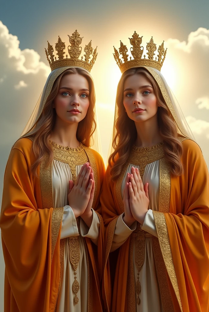 Perfect hand 5 finger, Portrait of a beautiful virgin mary and handsome Jesus Christ. wearing orange clothes of king and queen with the king and queen crown shining the light from the head and heart all over in the clouds, virgin mary and Jesus Christ, real blue eyes, sunny day, intricate details.real virgin mary and Jesus Christ, straight head face, Straight body.Prayer virgin mary and Jesus Christ, perfect full body, perfect hands finger,Prayer virgin mary and Jesus Christ, praying virgin mary and Jesus Christ backgrounds natural photographic