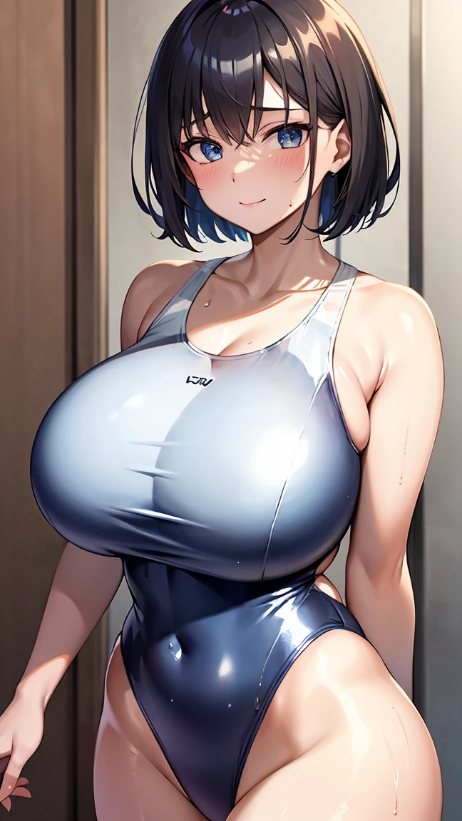 Highly detailed CG, Highly detailed skin, Perfect Anatomy, Dynamic Lighting, (Anime-like:1.5), Japanese Girls, (1 girl), (Mature Woman :1.4),  Black Hair, Short Hair, Beautiful Eyes, wide double eyelids, evil smile, (Huge breasts:1.3), (Curvy:1.4), (Shiny metallic white one-piece swimsuit:1.8), (sunny:1.2), Are standing、Fold your arms、pool room、