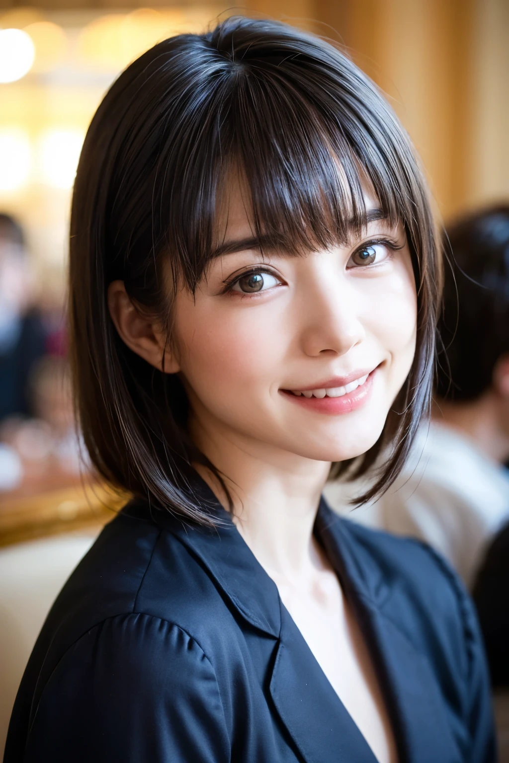 (masterpiece, Highest quality),One Girl, alone, Black-haired,Realisticで全てを詳細に美しく描画する,The beauty of the golden ratio of perfect anatomy、Beautiful, Realistic, Realistic, Looking at the audience, Light-coloured black eyes, Short brunette bob, Brown coat,Beautiful glossy lips, prohibit, Plein Air, Upper Body、Big eyes、Beautiful view of sparkling snow lassi))、(((Short bob hair with bangs:1.4、Shiny Hair、prohibit:1.4、Big eyes、large full chest、Highlights the eyes、Gazing at the audience、Beautiful beauty、Listen carefully、Long neck、Laugh a little、smile、Ideal body type)))、{Huge|big|Hugeな|Mega} chest:2, chestの谷間:2、大きなchestの谷間を見せる:2、A lovely, beautiful and cute sexiness with a dignified charm