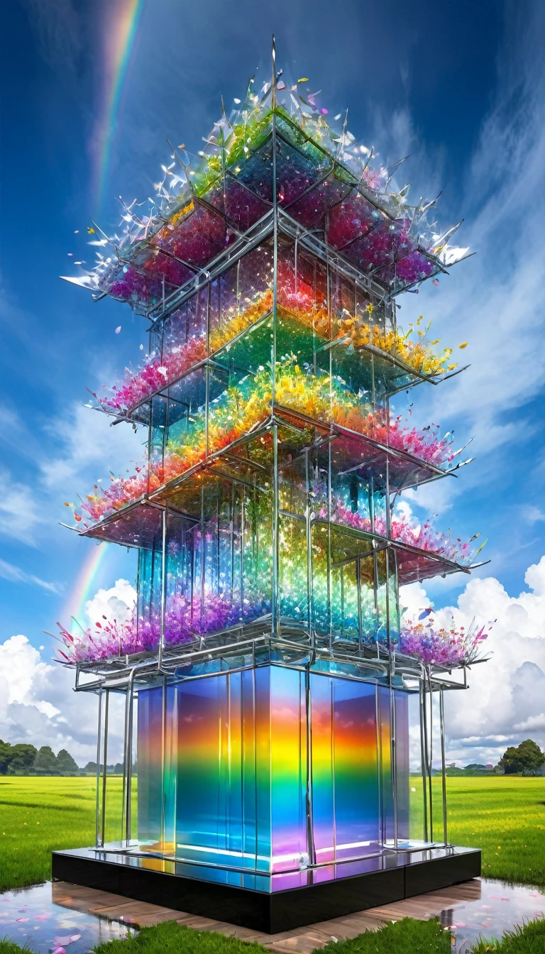 Highest quality, Super Fine, 16K, Incredibly absurd, Very detailed, delicate and dynamic, A mysterious, gigantic artistic structure made of chrome-plated framework and glass, After the Rain, Sunlight shines through the gaps in the clouds, The glass reflects the colors of the rainbow、The analyzer is displayed, Many rainbow-colored petals fall, The grass is covered with mist, wonderful画像効果を生み出す,16K, Ultra-high resolution, Ultra-high resolution, to be born,wonderful ,future、Iridescent、The world 30 years from now。
