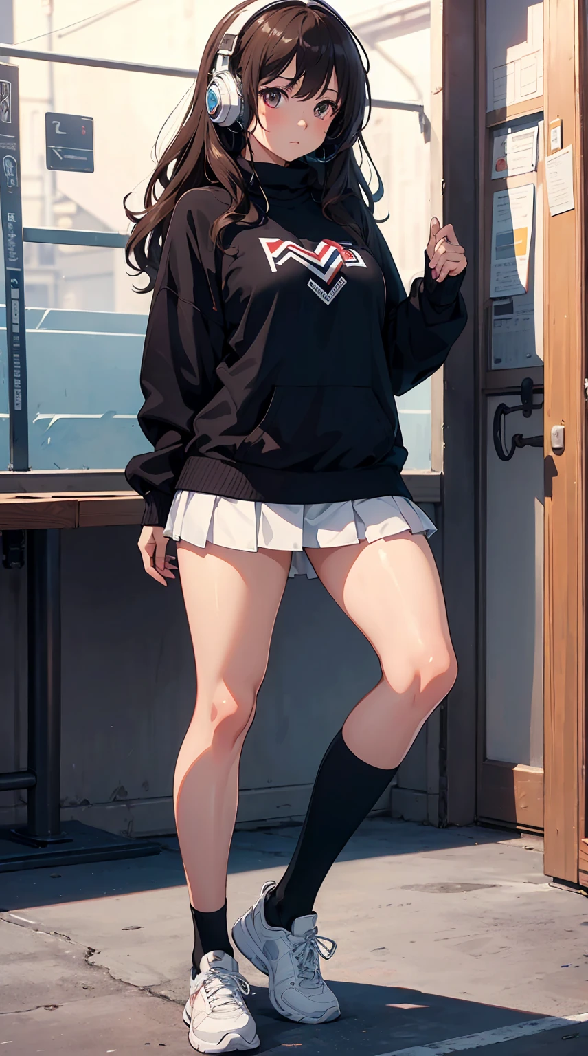 masterpiece, highest quality, Absurd, High resolution, Super detailed, High resolution, Very nice 8K CG wallpaper)), 1 girl, alone, dark brown hair, tan skin, wavy hair, black headphones, oversized black sweater, gray miniskirt, knee high white socks, tennis shoes