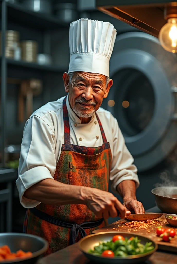 Photo closeup, Indonesian old man, chef hat, apron, kitchen, restaurant, chinese food, dryer, realistic, uhd