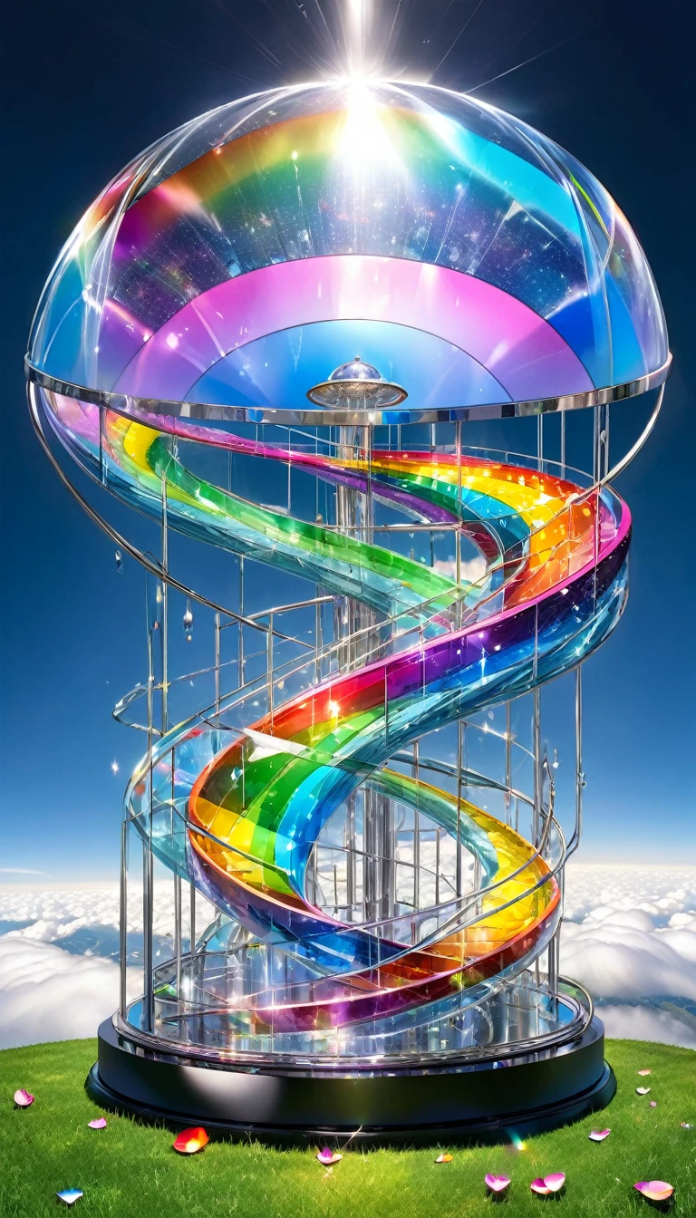 Highest quality, Super Fine, 16K, Incredibly absurd, Very detailed, delicate and dynamic, A mysterious, gigantic artistic structure made of chrome-plated framework and glass, After the Rain, Sunlight shines through the gaps in the clouds, The glass reflects the colors of the rainbow、The analyzer is displayed, Many rainbow-colored petals fall, The grass is covered with mist, wonderful画像効果を生み出す,16K, Ultra-high resolution, Ultra-high resolution, to be born,wonderful ,future、Iridescent、The world 30 years from now。