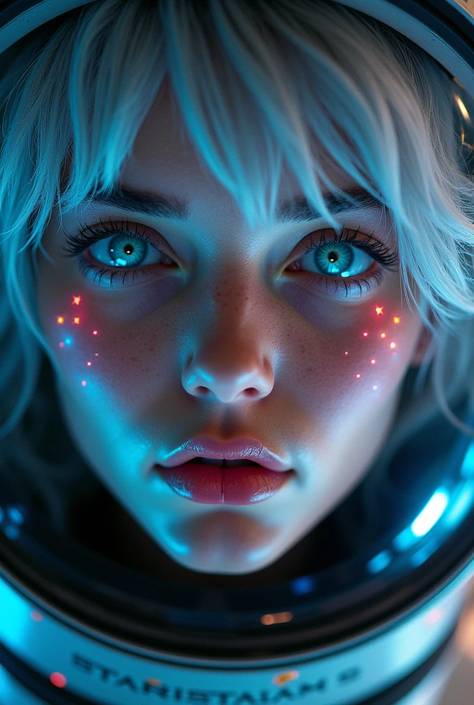 (Close-up of a better masterpiece:1.5)0.9], (Space and astronauts:1.2) (Messy silver hair:1.1) (Heterochromia xanthochromia and blue eyes:1.2) (Space Helmet:1.0) (Colored stars in the eyes:1.0) (A radiant glow:1.1) (thick lips:0.9)