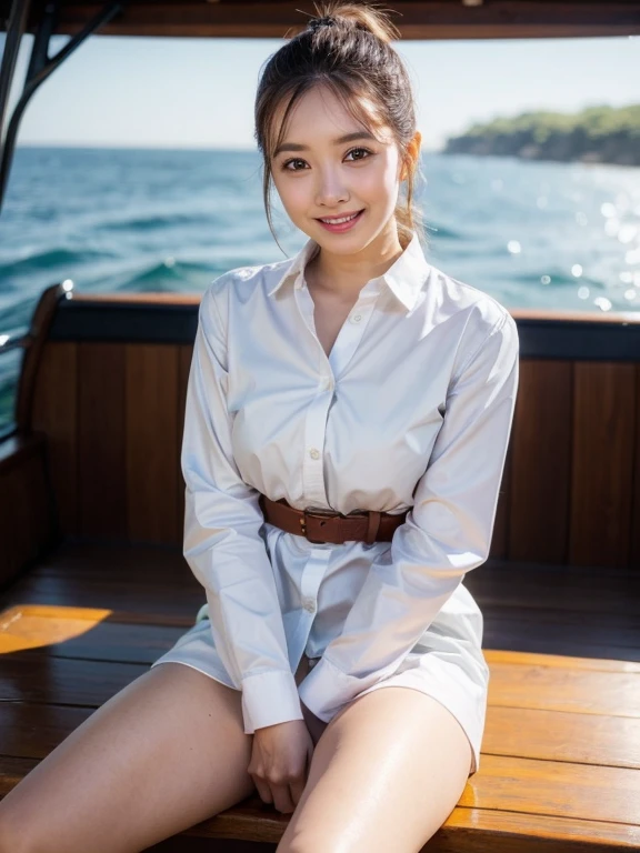 Cute woman、White shirt、mile、Open chest shirt、(A wet shirt with underwear showing through)、Wet Hair、Gazing at the sea、smile、Hibiscus flower、On the boat,ponytail、30Old woman gets wet、Hibiscus flower、