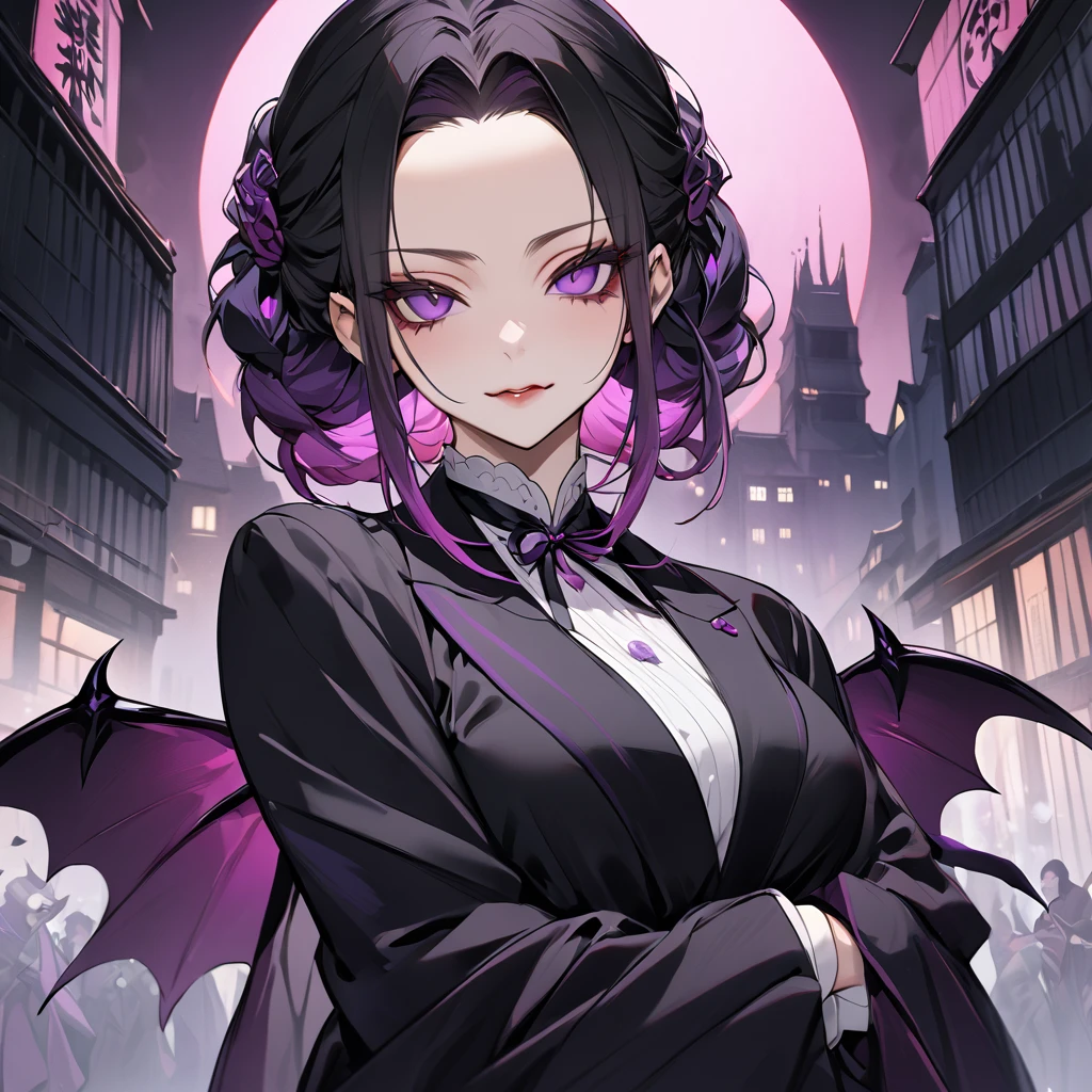 ((Highest quality)), ((masterpiece)), (detailed), （Perfect Face）、The demon woman is Shinobu Kochou, with black bob hair with purple gradation at the ends, styled in a formal evening hairstyle.、Women are evil man-eaters、City of night、Demon slayer