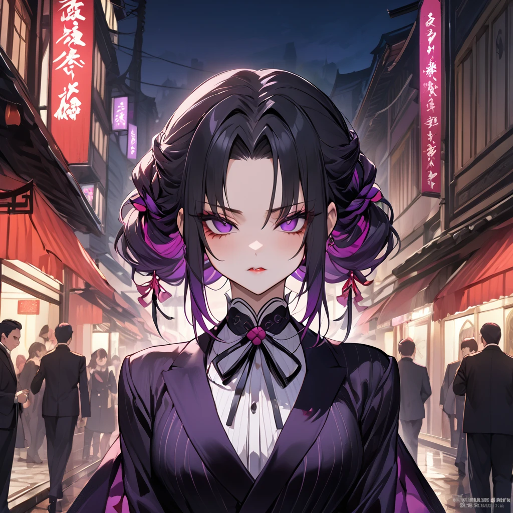 ((Highest quality)), ((masterpiece)), (detailed), （Perfect Face）、The demon woman is Shinobu Kochou, with black bob hair with purple gradation at the ends, styled in a formal evening hairstyle.、Women are evil man-eaters、City of night、Demon slayer