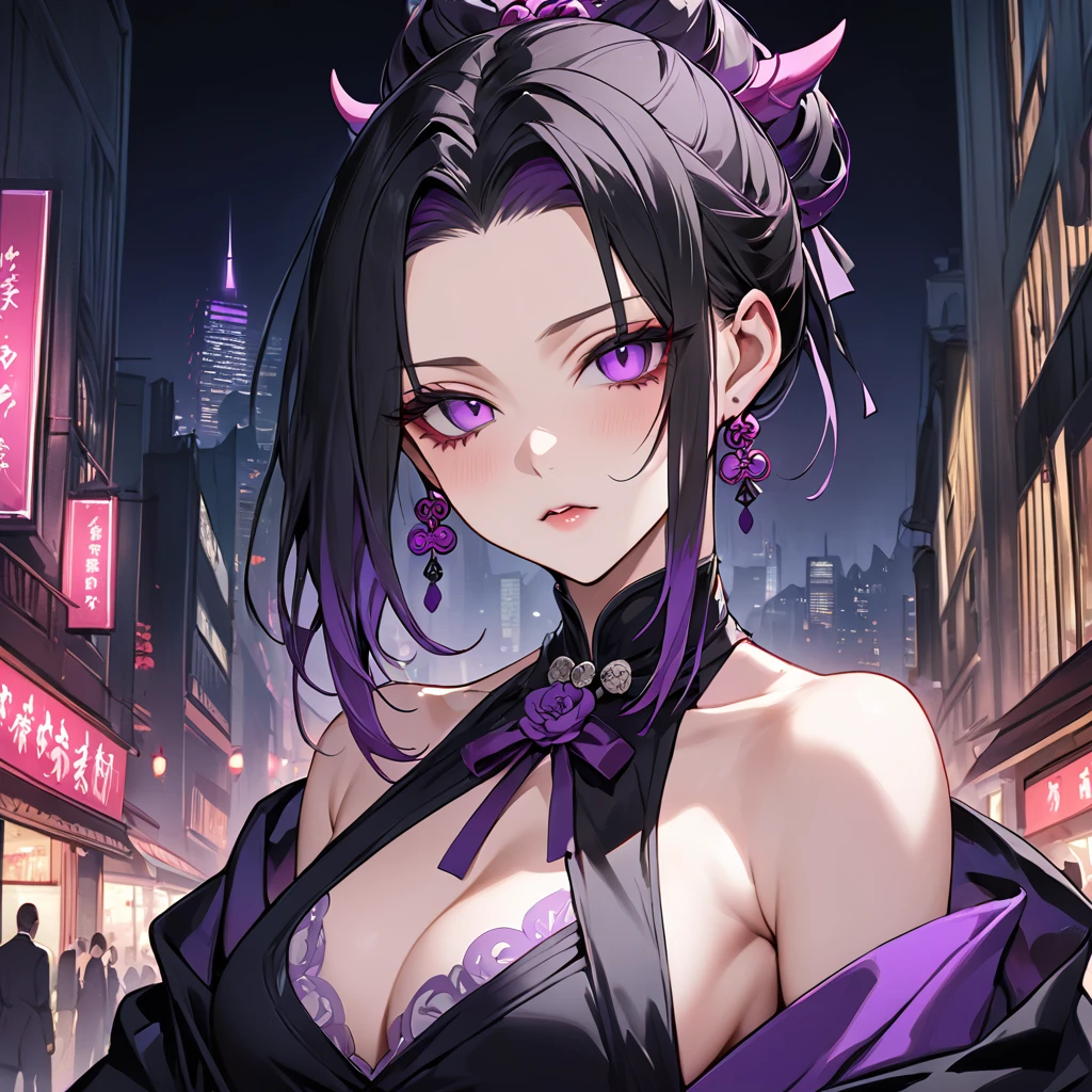 ((Highest quality)), ((masterpiece)), (detailed), (Perfect Face)、The demon woman is Shinobu Kochou, with black bob hair with purple gradation at the ends, styled in a formal evening hairstyle.、Women are evil man-eaters、City of night、Demon slayer