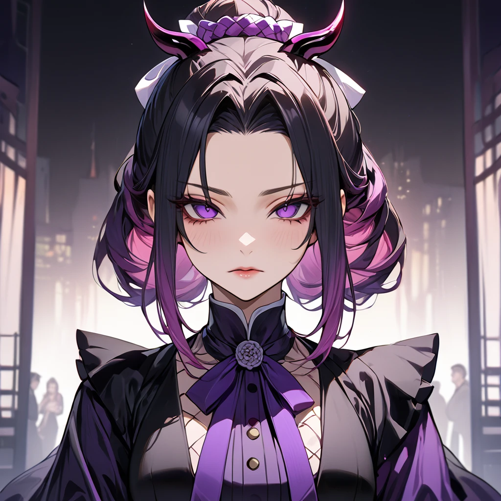 ((Highest quality)), ((masterpiece)), (detailed), (Perfect Face)、The demon woman is Shinobu Kochou, with black bob hair with purple gradation at the ends, styled in a formal evening hairstyle.、Women are evil man-eaters、City of night、Demon slayer