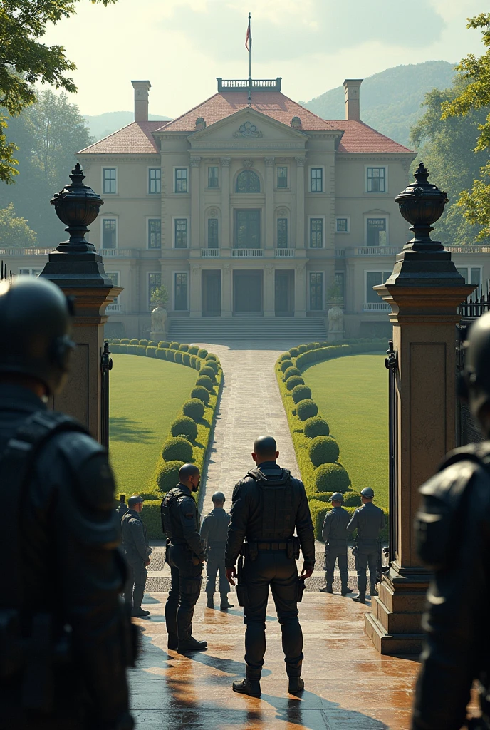 Make a 55 Bodyguards protecting house standing on different positions 

