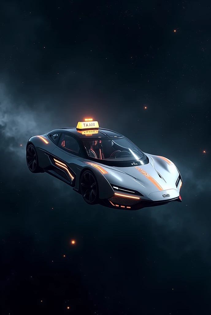 Generate an image of A sleek, futuristic taxi against a starry backdrop.