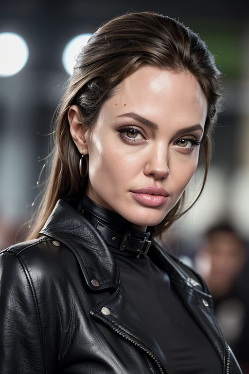 photo of beautiful young (Angelina Jolie),looking into camera, (black leather jacket:1.2), (long sleeve top with collar:1.2), (jeans), (walking) in a department store, natural light, (masterpiece:1.2) (photorealistic:1.2) (best quality) (detailed skin:1.2) (intricate details) (8k) (HDR) (cinematic lighting) (sharp focus), (looking at the camera:1.1), hoop earrings, ((closeup portrait:1.2))