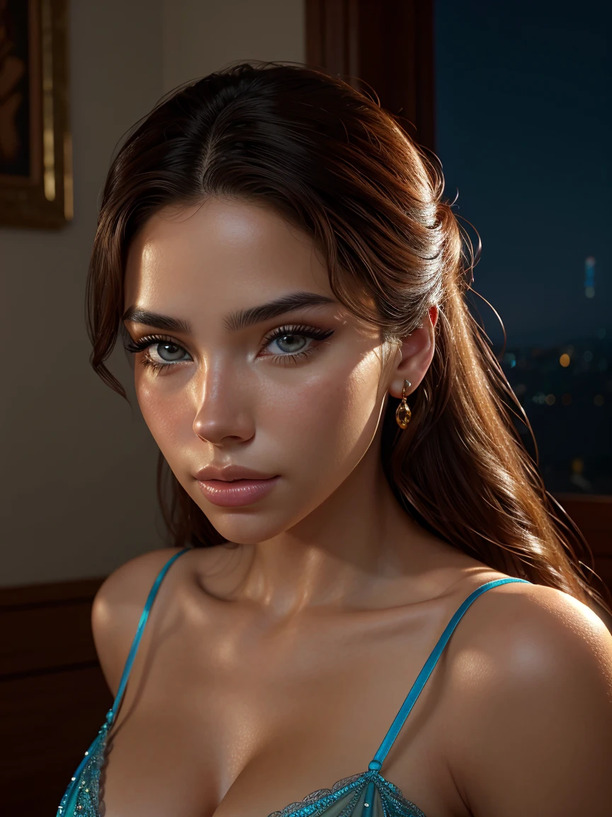 1 woman descending, beautiful detailed eyes, beautiful detailed lips, extremely detailed face, long eyelashes, elegant latin woman, flowing dress, dramatic lighting, cinematic composition, dramatic shadows, muted color palette, chiaroscuro lighting, high contrast, photorealistic, (best quality,4k,8k,highres,masterpiece:1.2),ultra-detailed,(realistic,photorealistic,photo-realistic:1.37)