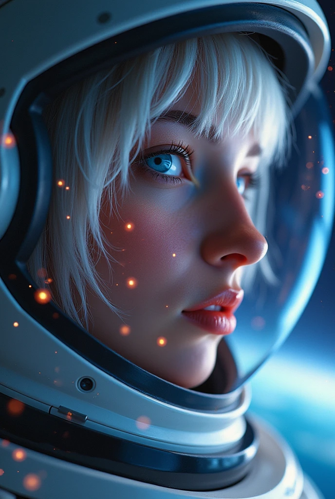 (Close-up of a better masterpiece:1.5)0.9], (Space and astronauts:1.2) (Messy silver hair:1.1) (Heterochromia xanthochromia and blue eyes:1.2) (Space Helmet:1.0) (Colored stars in the eyes:1.0) (A radiant glow:1.1) (thick lips:0.9) full body