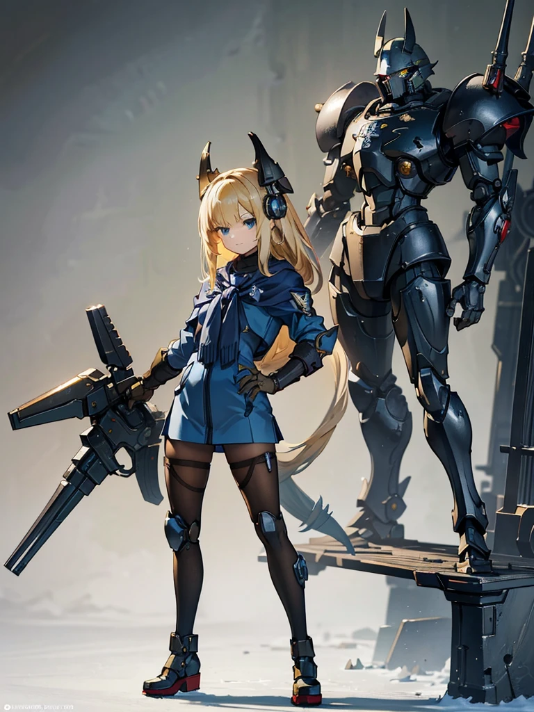 masterpiece, Highest quality, Very detailed, Anime Style, カオス機械化悪魔少女のwhole body, Mechanized limbs, Arm-mounted heavy weapon, Grey steel power armor, Yellow Stripes, Strong claws and tail, Warhammer 40K, 8K high resolution, Trend Art Station, White Background, whole body,

