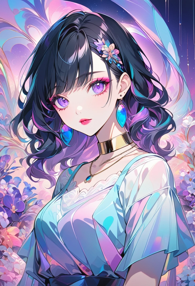 Create an elegant anime-style portrait of a young woman with short, black hair adorned with vibrant, colorful flowers, including pink and purple orchids. The woman should have a soft, delicate expression with light makeup, featuring red eyeliner and pink lips. Her gaze should be slightly downward. She is wearing a stylish, modern outfit with a semi-transparent top in pastel colors, reflecting a combination of pink, blue, and purple hues. Her accessories include a large, gold choker necklace, long blue earrings, and her nails are painted in a matching shade of blue. The background should have a soft, abstract design with warm lighting and subtle, multicolored reflections that complement the overall color scheme of the image