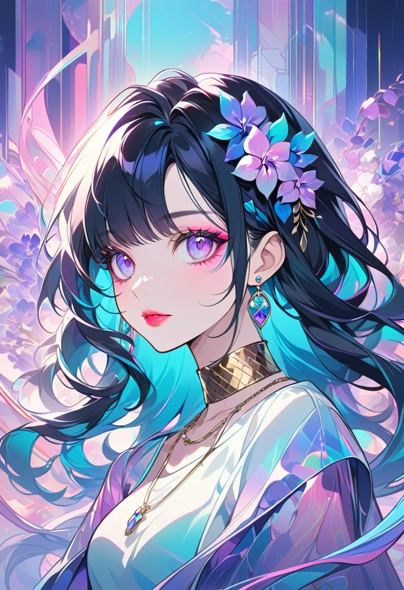 Create an elegant anime-style portrait of a young woman with short, black hair adorned with vibrant, colorful flowers, including pink and purple orchids. The woman should have a soft, delicate expression with light makeup, featuring red eyeliner and pink lips. Her gaze should be slightly downward. She is wearing a stylish, modern outfit with a semi-transparent top in pastel colors, reflecting a combination of pink, blue, and purple hues. Her accessories include a large, gold choker necklace, long blue earrings, and her nails are painted in a matching shade of blue. The background should have a soft, abstract design with warm lighting and subtle, multicolored reflections that complement the overall color scheme of the image