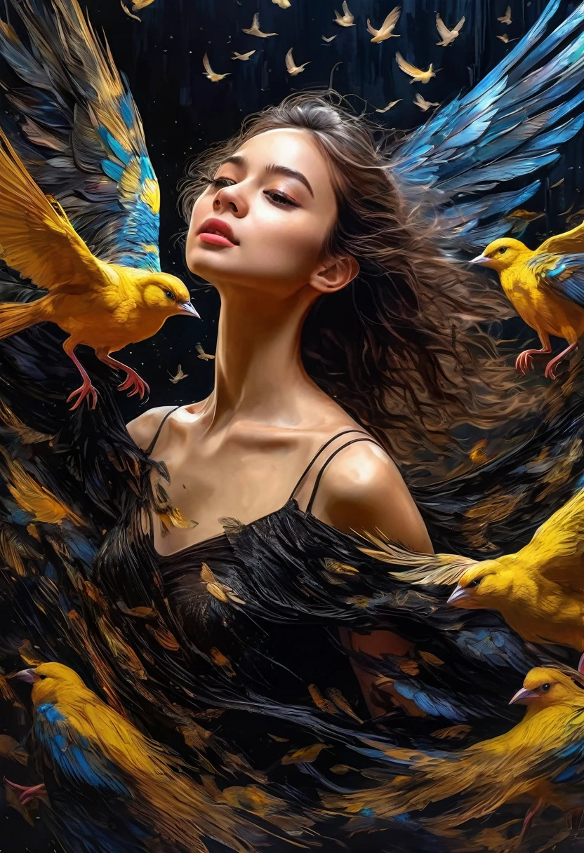 Rough surface, oil on canvas style, delicate face, upper body, a girl, a girl in a black dress, big bird wings, fluttering, surrounded by birds, extreme flow, night, super detailed, intricate, 32k uhd megapixels
best quality --iw 0.5 --q 2 - -s 750 - -two 2 5