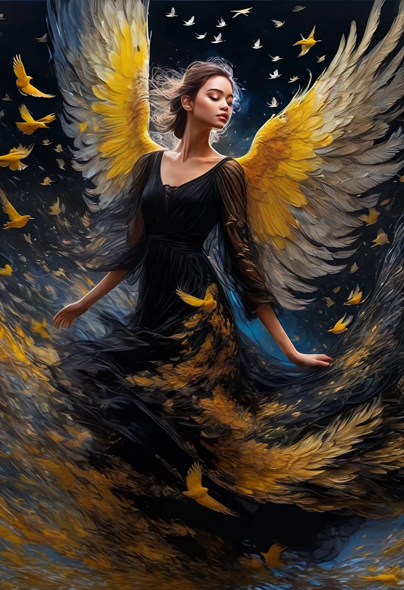 Rough surface, oil on canvas style, delicate face, upper body, a girl, a girl in a black dress, big bird wings, fluttering, surrounded by birds, extreme flow, night, super detailed, intricate, 32k uhd megapixels
best quality --iw 0.5 --q 2 - -s 750 - -two 2 5