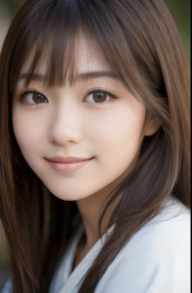 best quality, face focus, soft light, ultra high res, (photorealistic:1.4), RAW photo,(Shinozaki Ai), white skin, kawaii, 1 Japanese girl, solo, cute, (smile), (pupil, lights in the eyes),  detailed beautiful face, Medium-sized breasts,(high resolution detail of human skin texture),(long hair),(portrait), upper body, white traditional kimono