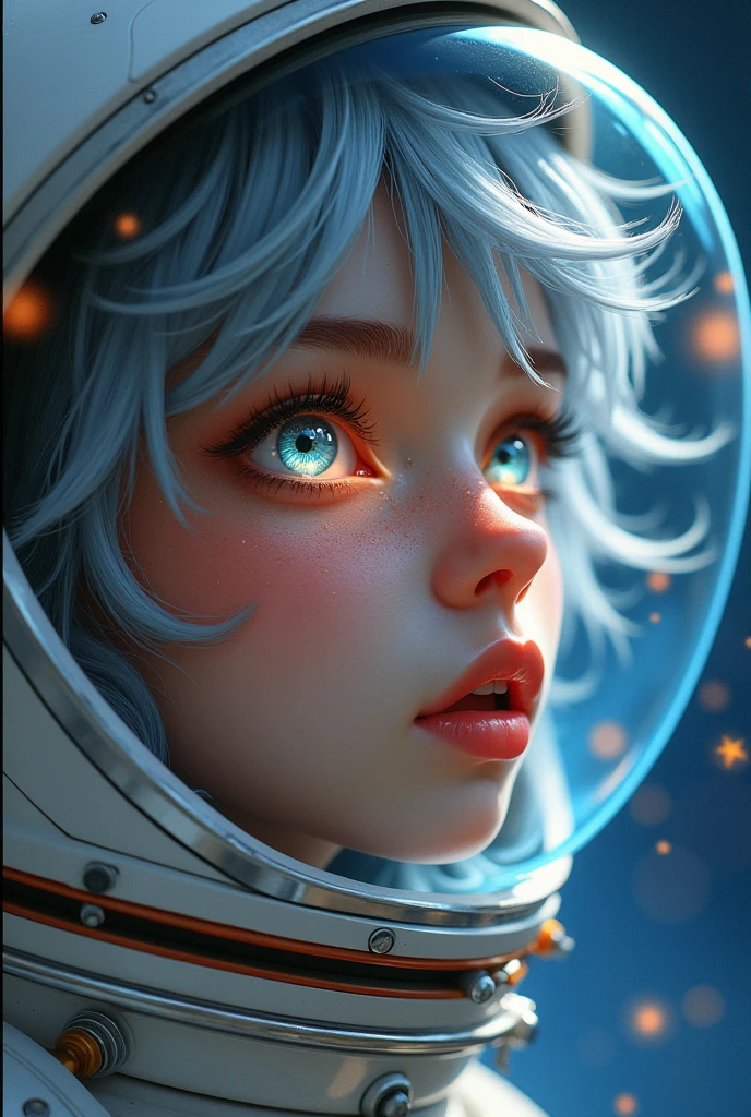 (Close-up of a better masterpiece:1.5)0.9], (Space and astronauts:1.2) (Messy silver hair:1.1) (Heterochromia xanthochromia and blue eyes:1.2) (Space Helmet:1.0) (Colored stars in the eyes:1.0) (A radiant glow:1.1) (thick lips:0.9)