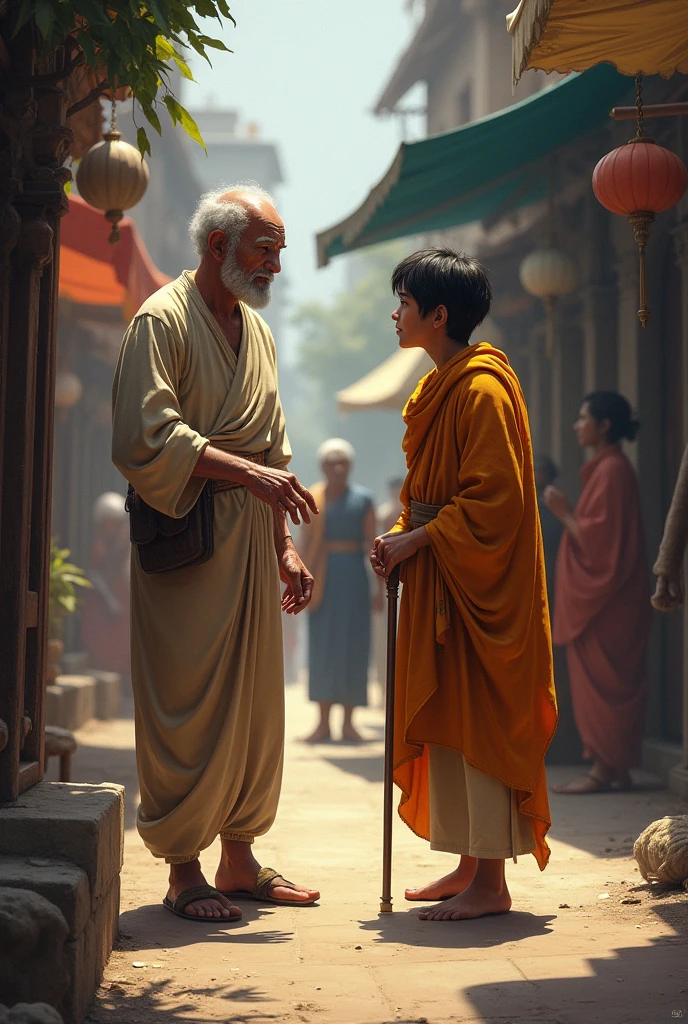 Describe Siddhartha's curiosity about the world beyond the palace walls.
Narrate his first journey outside the palace, where he sees an old man for the first time.
Capture Siddhartha's shock and confusion as he learns about aging, realizing that it is an inevitable part of life.