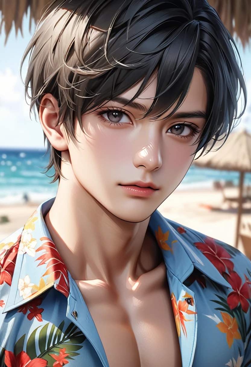 high quality, detailed, Realistic, (15 years old tanned japanese idol boys), (detailed black eyes), (black short hair), (abs), hawaiian shirt, quiet private beach, best quality,4k,8k,highres,masterpiece:1.2),ultra-detailed,(realistic,photorealistic,photo-realistic:1.37), looking at viewer, face close up, --no watch,